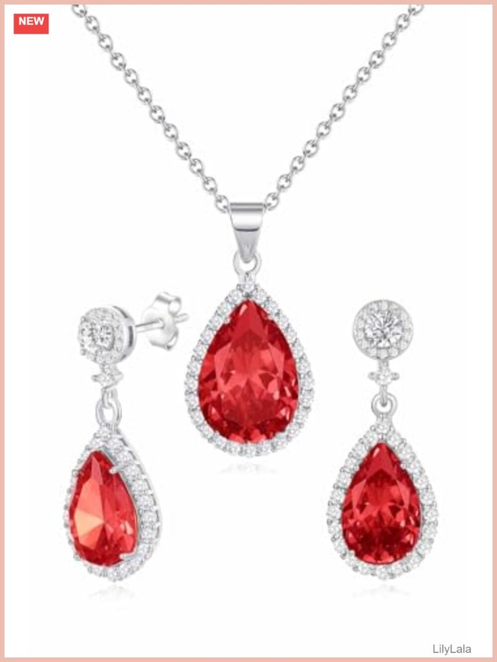 925 Sterling Silver Post Teardrop Dangle Earrings Necklace Set CZ Wedding Prom